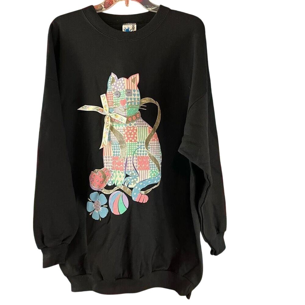 Vintage EZL by Marcy N Me Patchwork Kitty Cat Graphic Sweatshirt One Size